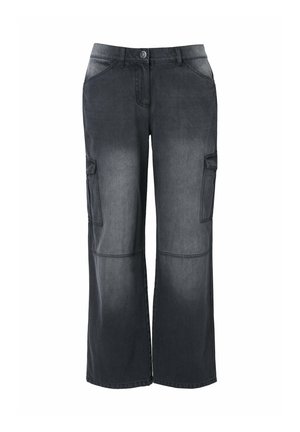 Zwarte denim cargo broek met een losse pasvorm, voorzien van twee zijzakken, een knoopsluiting en een vervaagd waseffect.