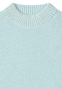 Maglione lavorato a maglia blu chiaro con un motivo a texture, dotato di un colletto a girocollo a coste e in un morbido tessuto di peso medio.