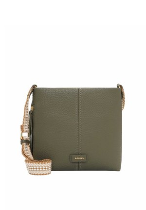 Olive green textured crossbody bag with beige and white woven adjustable strap and gold-tone brand logo plate on front.