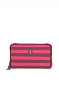 Zippered wallet in pink and brown striped leather. Features a decorative metal emblem on the front and textured surface.