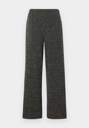 Pantaloni a gamba larga in tessuto nero e grigio testurizzato, con vita elastica per il massimo comfort. Senza tasche visibili né chiusure.