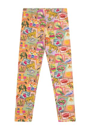 Leggings met een levendig, multikleurig patroon met illustraties van tijgers, vogels en bloemmotieven op een lichtroze achtergrond.