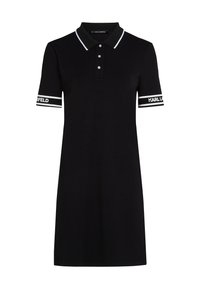 Musta polo-mekko, jossa on kauluspaita, lyhyet hihat, joissa on valkoiset raidat ja logo. Valmistettu sileästä kankaasta, jossa on klassinen leikkaus.