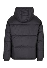 Sort puffjakke med hætte, der har et quiltet design, elastiske manchetter og en afslappet pasform. Overfladen har en glat, shiny tekstur.