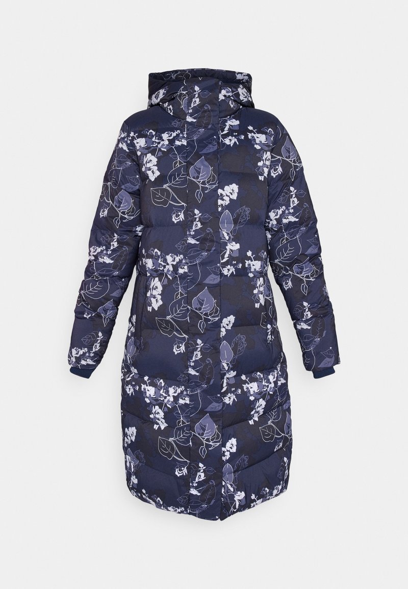 Manteau rembourré bleu marine avec un motif floral en blanc et bleu clair, doté d'une capuche et de poignets côtelés, conçu pour la chaleur et le confort.