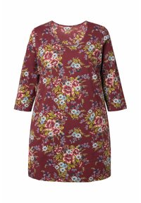 Burgunderfarbendes Tunika-Kleid mit V-Ausschnitt. Es hat Dreiviertelärmel und ein ganzflächiges Blumenmuster in Rosa, Blau und Grün.