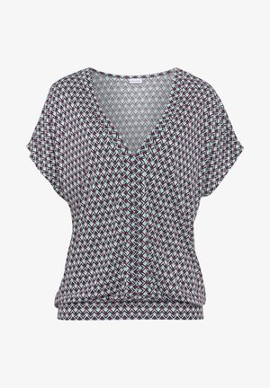 V-Ausschnitt-Oberteil mit kurzen Ärmeln. Gemustert im Zickzackdesign mit den Farben Teal, Burgunderrot und Weiß. Weicher Stoff mit lockerer Passform.