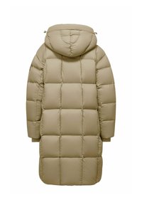 Beige gewatteerde jas met capuchon, voorzien van een quiltontwerp verdeeld in rechthoekige secties, een gladde textuur en een middellange snit.