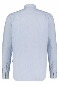 Košile s dlouhým rukávem ve světle modrých a bílých svislých pruzích, s límcem na knoflíky a manžetami na knoflíky. Hladká textura látky.