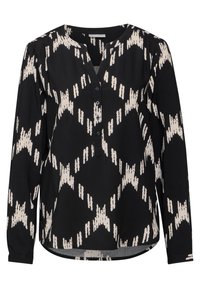 Blusa nera a maniche lunghe con motivo astratto bianco, scollatura tonda, abbottonatura e orlo leggermente curvato.