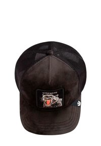 Black mesh trucker hat with a suede front, featuring an embroidered patch of a roaring panther and the text "STRENGTH."