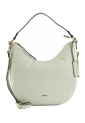 Sac bandoulière en cuir blanc avec fermeture éclair dorée, bandoulière réglable et étiquette de marque suspendue à la poignée.