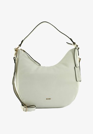 Sac bandoulière en cuir blanc avec fermeture éclair dorée, bandoulière réglable et étiquette de marque suspendue à la poignée.