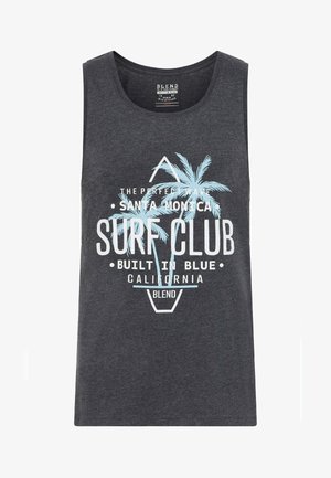 Grijze tanktop van katoen, voorzien van een grafisch ontwerp van palmbomen en tekst in wit en lichtblauw, met een klassieke ronde hals.