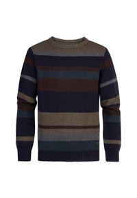 Pulover raiat cu guler circular, realizat dintr-un material tricotat respirabil. Culorile includ albastru marin, maro, gri și teal. Manșete și tiv din material încrețit.