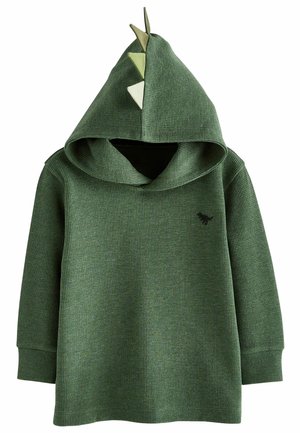 Green long-sleeve toddler hoodie with dinosaur spikes on the hood and small black dinosaur silhouette on the chest.