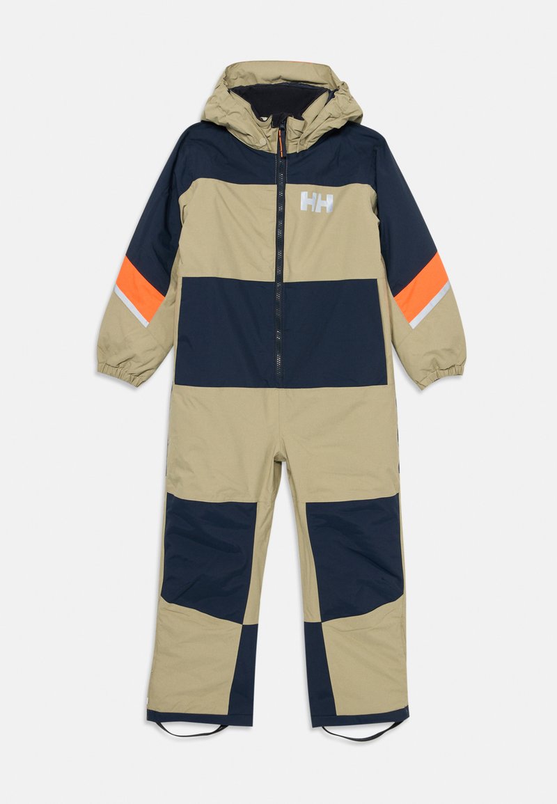 Buitenjack in beige en marineblauw; beschikt over reflecterende accenten, rits aan de voorkant, capuchon en elastische manchetten. Gelaagd, duurzaam materiaal.