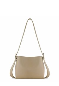 Borsa a mano in pelle beige con finitura liscia, parte superiore arrotondata, tracolla regolabile e un branding discreto sul davanti. Design semplice e classico.