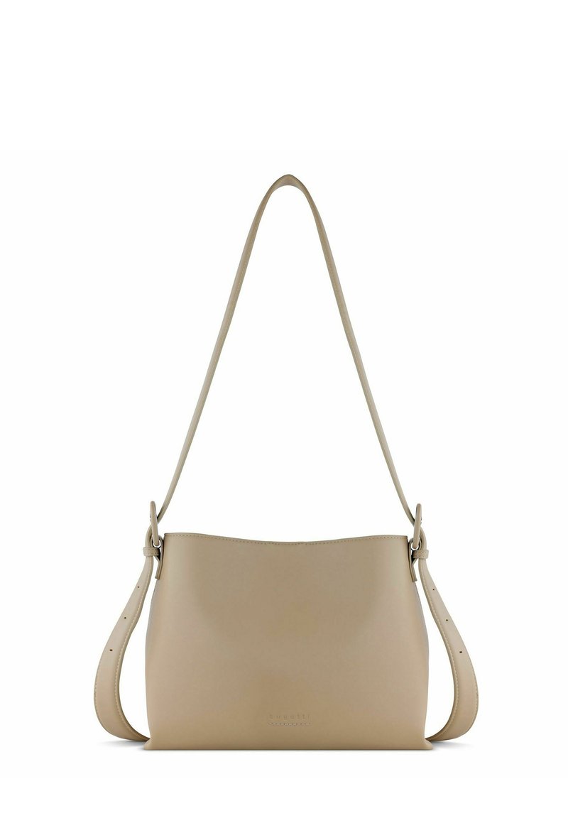Borsa a mano in pelle beige con finitura liscia, parte superiore arrotondata, tracolla regolabile e un branding discreto sul davanti. Design semplice e classico.