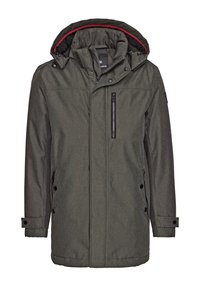 Gray insulated jacket with a hood, featuring a textured fabric, zippered chest pocket, and side buttoned pockets. Red accent on hood interior.