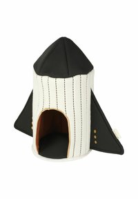 Hišica za hišne ljubljenčke v obliki rakete z rdečim vrhom, belimi črtastimi stranicami, rjavim notranjim delom in okrasnimi gumbi. Tkanina je mehka in oblazinjena.