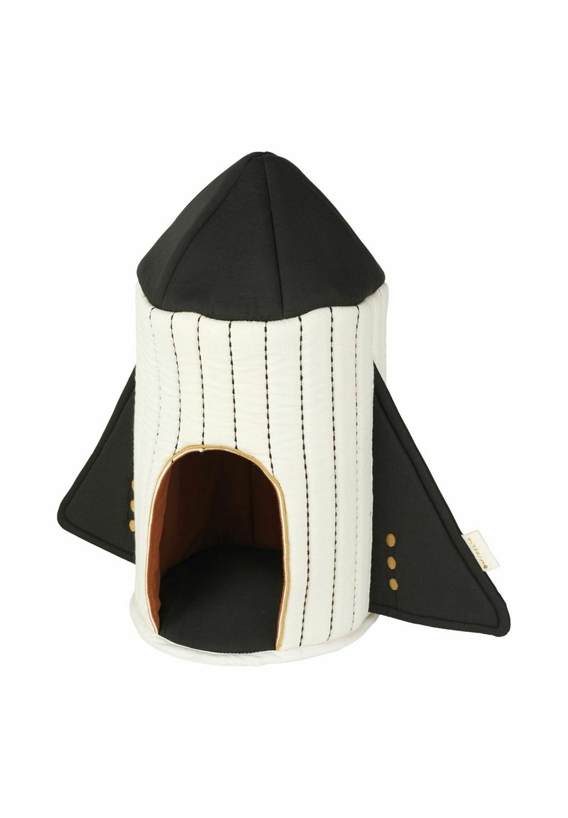 Hišica za hišne ljubljenčke v obliki rakete z rdečim vrhom, belimi črtastimi stranicami, rjavim notranjim delom in okrasnimi gumbi. Tkanina je mehka in oblazinjena.