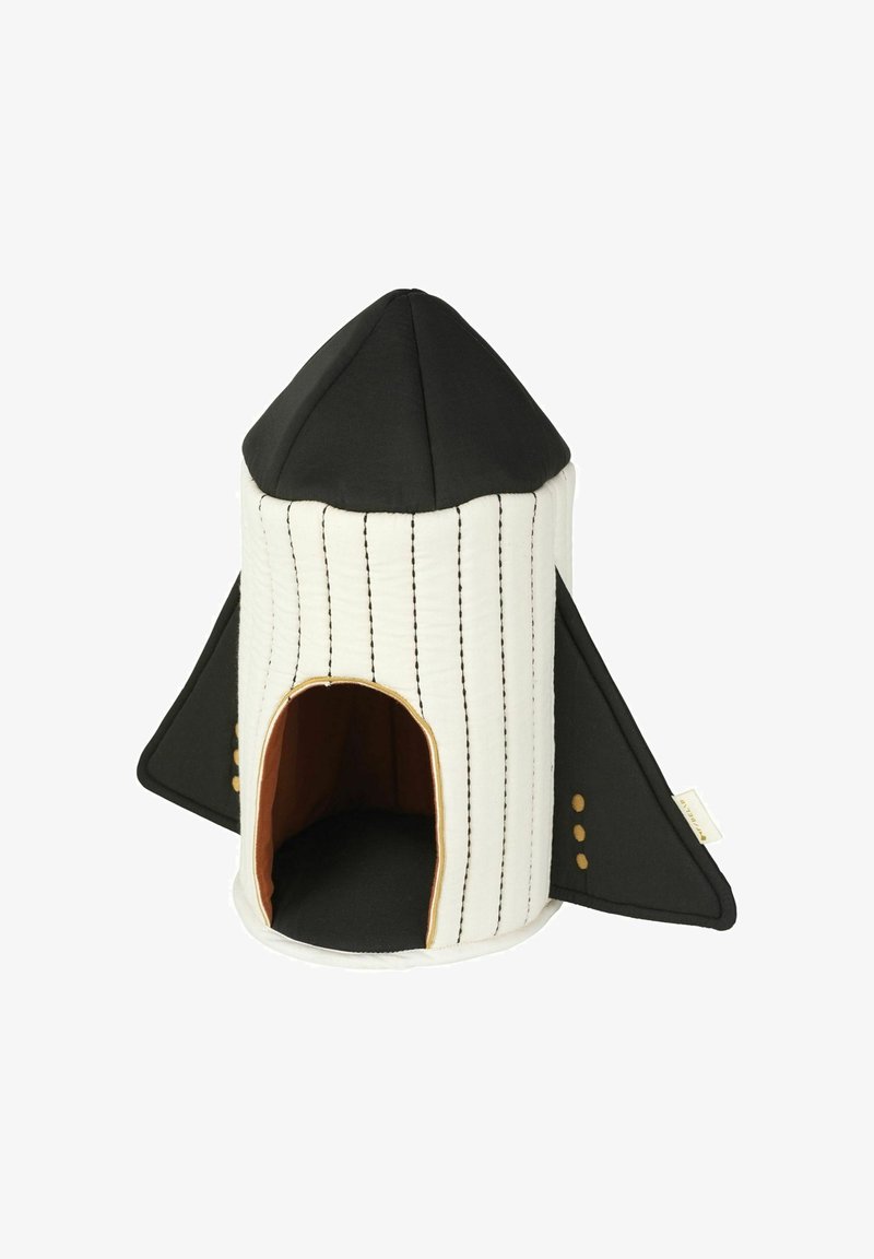 Hišica za hišne ljubljenčke v obliki rakete z rdečim vrhom, belimi črtastimi stranicami, rjavim notranjim delom in okrasnimi gumbi. Tkanina je mehka in oblazinjena.