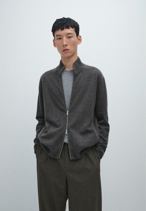 Young man stands against plain background wearing a dark gray zip-up cardigan, gray shirt underneath, and loose dark pants with hands in pockets.