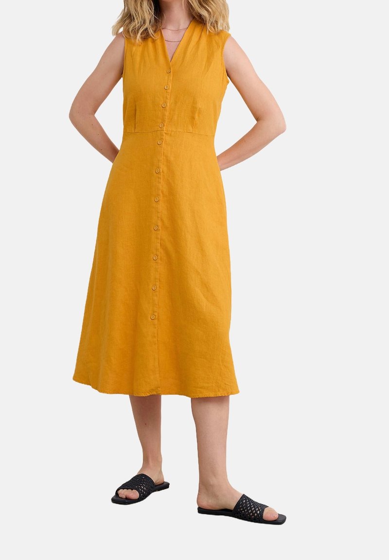 Femme portant une robe midi jaune sans manches avec des boutons sur le devant, associée à des sandales noires tissées à enfiler, debout les mains dans le dos.