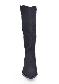 Black knee-high boot with a textured fabric exterior, pointed toe, and a zipper on the side. Features a sleek, smooth silhouette.