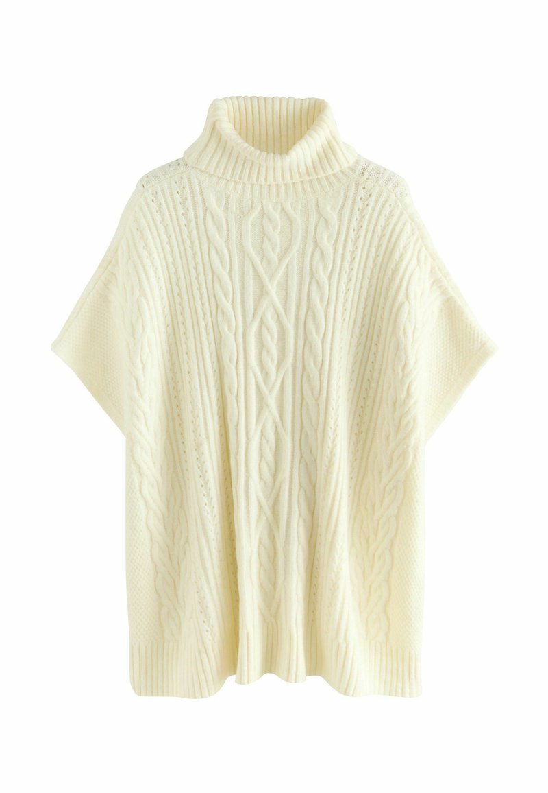 Gestrickter cremefarbener Poncho mit hohem Rippkragen, der über Zopfmuster und strukturierte Akzente verfügt. Lockere, oversized Silhouette.