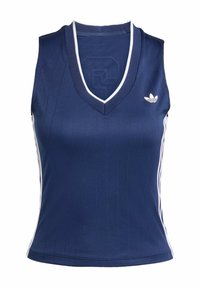Navy sleeveless top with a V-neck, featuring vertical stripes and white side accents. Logo displayed on the left chest area.