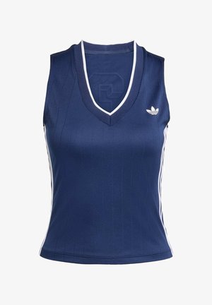 Námořnická bezrukávová halenka s výstřihem ve tvaru V, s vertikálními pruhy a bílými bočními akcenty. Logo umístěné na levé části hrudi.