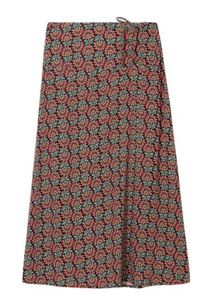 Zwarte rok met bloemenpatroon, versierd met rode en groene bloemen. Gemaakt van lichtgewicht stof, met een tailleband detail voor aanpassing.