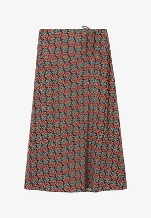 Floral patterned skirt in black, featuring red and green flowers. Made from lightweight fabric, with a waist tie detail for adjustment.