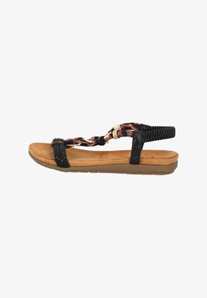 Zwarte gevlochten sandalen met een gevoerde tan voetbed. Heeft een patroon op de band en gouden hardware-accenten. Platte rubberen zool.