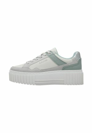 Sneakers con una combinazione di colori grigio e menta, realizzati in materiali lisci e testurizzati, con una spessa suola piattaforma bianca e un design con lacci.