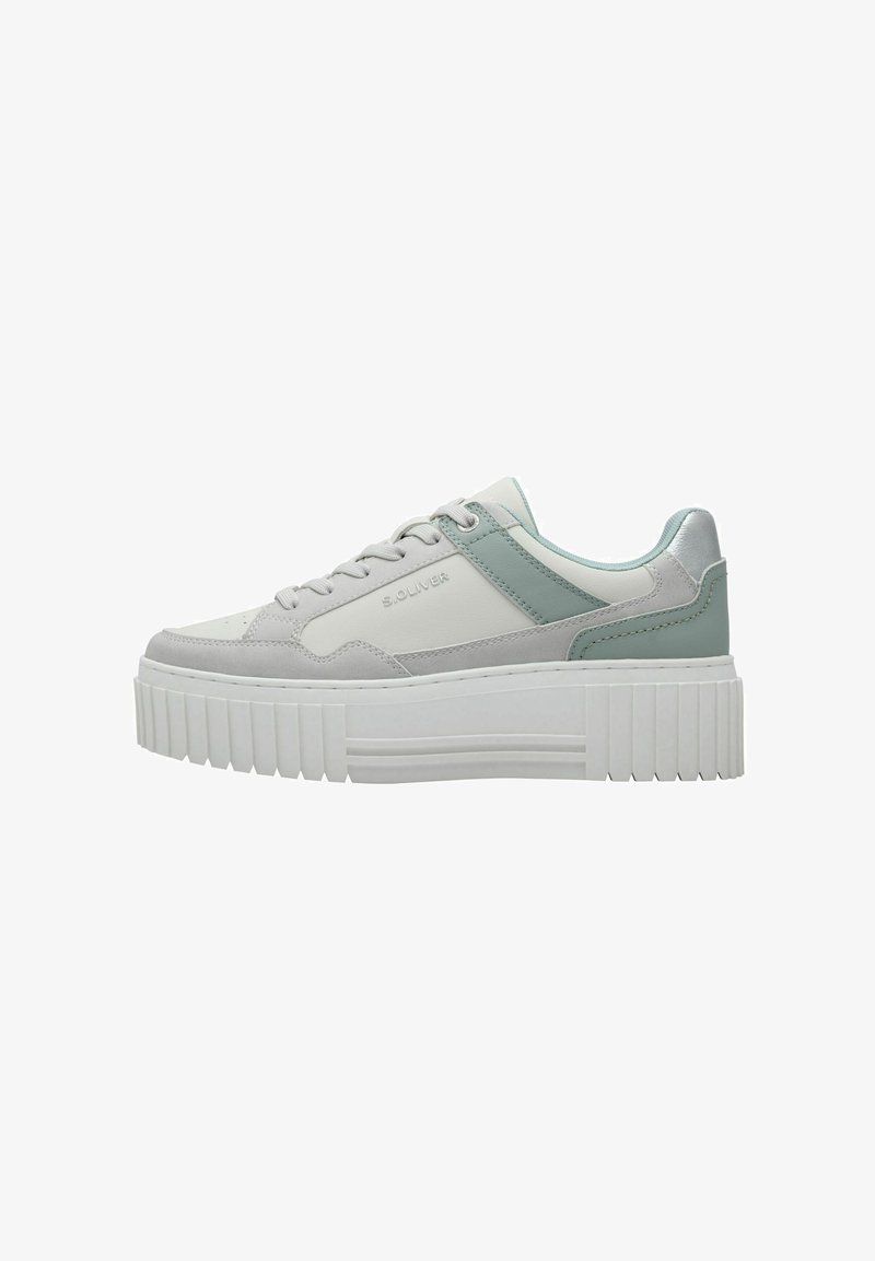 Sneakers con una combinazione di colori grigio e menta, realizzati in materiali lisci e testurizzati, con una spessa suola piattaforma bianca e un design con lacci.