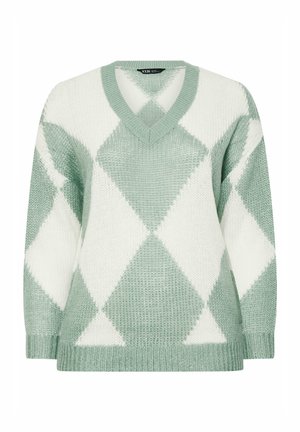 V-mallinen neulepaita, jossa suuri vihreän ja valkoisen argyle-ruudukuvio sekä resorit hihansuuissa ja helmassa.