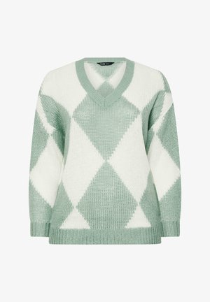 V-hals striktrøje med stort grønt og hvidt argyle-diamentmønster samt ribstrikkede manchetter og kant.