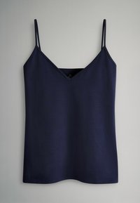 Marineblaue Spaghettiträger-Top mit dünnen verstellbaren Trägern, V-Ausschnitt und einem glatten, leichten Stoff. Einfaches Design, ohne Muster oder Verzierungen.