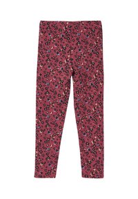 Dziecięce legginsy slim fit w ciemnoróżowym kolorze z małym, wielokolorowym wzorem kwiatowym, elastycznym paskiem w talii i pełnej długości nogawkami.