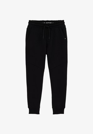 Juodi sportiniai kelniai, pagaminti iš minkštos medžiagos, su elastingu juosmeniu su raišteliu, įstrižomis kišenėmis ir gumbuotais rankogaliais.