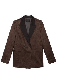 Blazer marrone doppiopetto con rever in satin neri, caratterizzato da una stampa leopardata e due tasche frontali. Texture liscia.