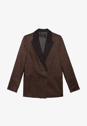 Brown double-breasted blazer with black satin lapels, featuring a leopard print pattern and two front pockets. Smooth texture.