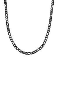 Black metal chain necklace featuring oval links with a smooth texture, evenly spaced, designed for unisex wear. Length is adjustable.