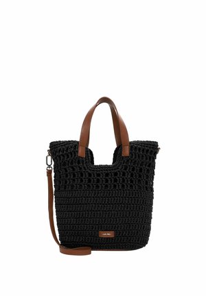 Borsa tote nera in crochet con manici in pelle marrone e tracolla removibile, forma rettangolare con etichetta del marchio sul davanti.