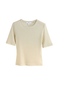 Kurzärmeliges T-Shirt aus weichem, geripptem, hellgelbem Stoff mit Rundhalsausschnitt und geradem Saum, versehen mit dezenten Nähten für zusätzliche Textur.