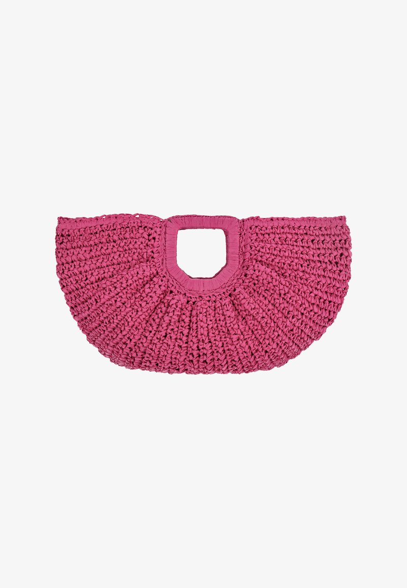 Borsa a mano rosa all'uncinetto con una forma arrotondata e un manico quadrato ritagliato. Tessuto testurizzato con un design plissettato lungo i bordi.
