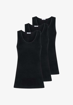 Set di tre canottiere nere con scollo a U, tessuto morbido e design aderente. Texture liscia senza motivi visibili.